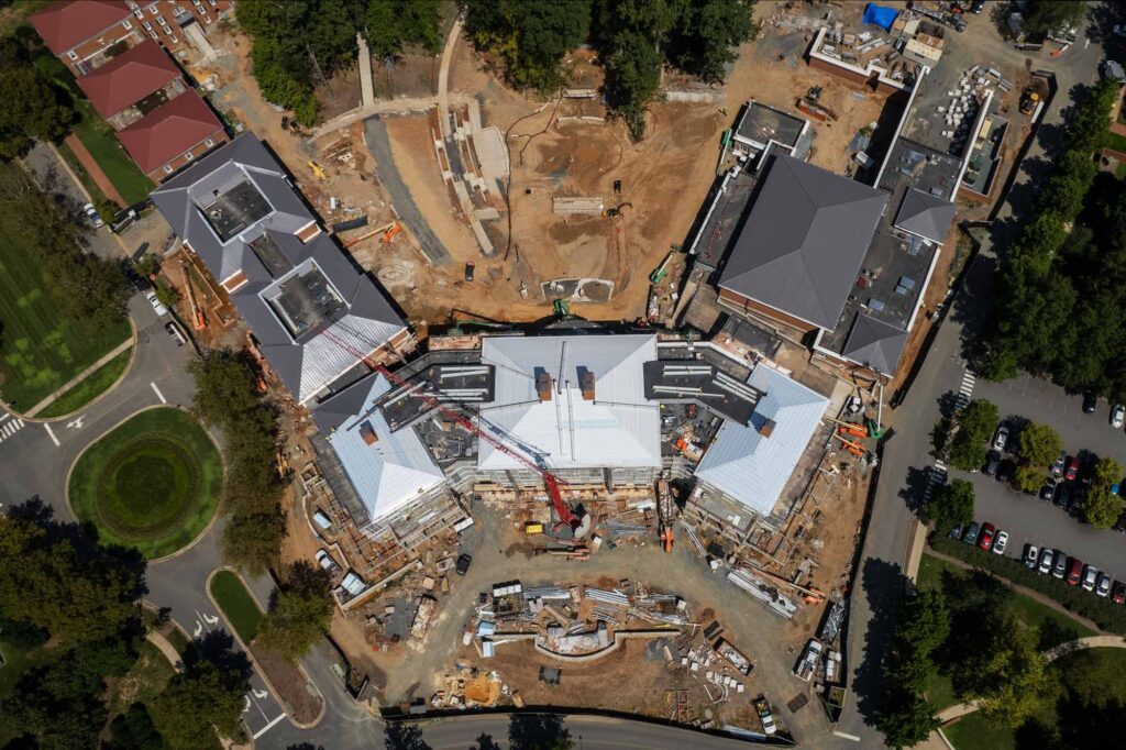 Aerial view of the construction of a large hotel building