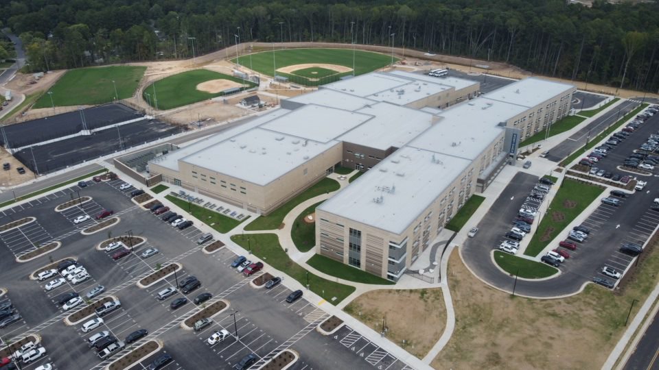 Aerial view of high school campus and fields